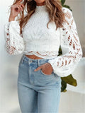 Chemisier Dentelle Élégant Manches Bouffantes Blanc