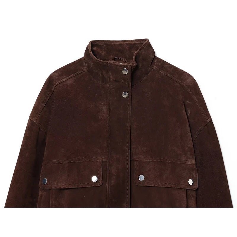 Veste zippée femme marron à col montant, coupe slim et poches