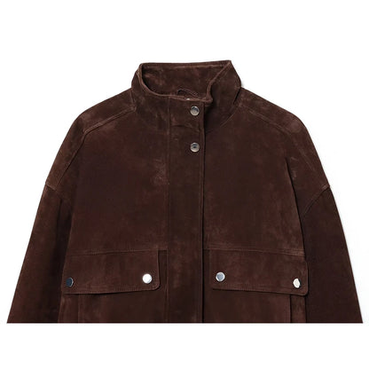 Veste zippée femme marron à col montant, coupe slim et poches