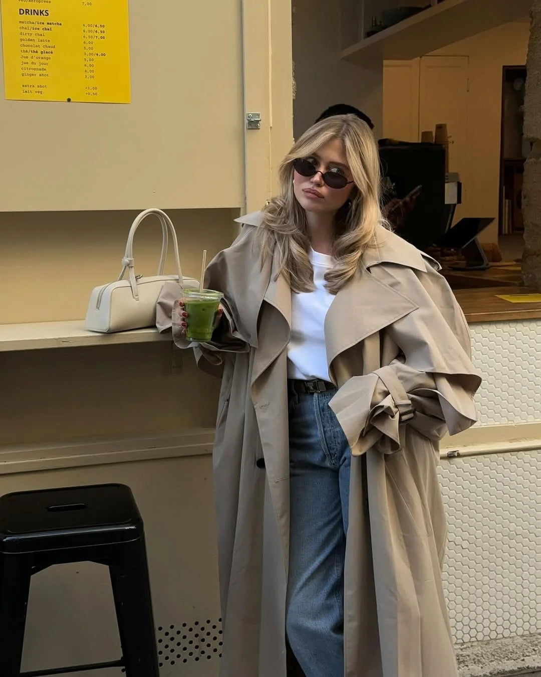 Trench long femme à simple boutonnage, coupe ample et taille haute