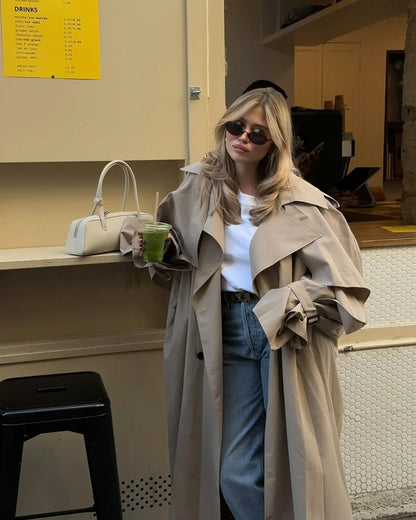 Trench long femme à simple boutonnage, coupe ample et taille haute