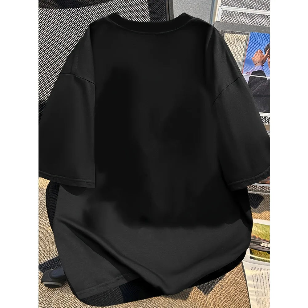 T-shirt noir femme manches courtes, dos uni sans imprimé, coupe ample