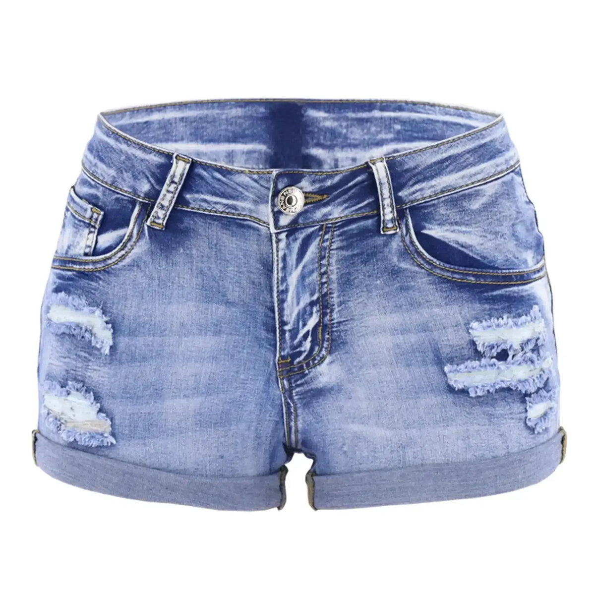 Short en jean bleu, devant boutonné, poches avant, effet froissé et délavé