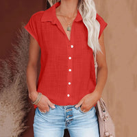 Chemisier ample femme en coton lin, manches courtes, rouge, col chemise boutonné.