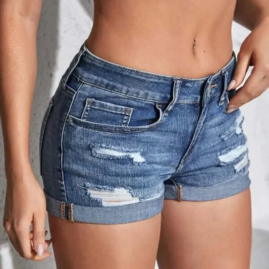 Short en jean bleu délavé, taille haute, poches avant et effet déchiré