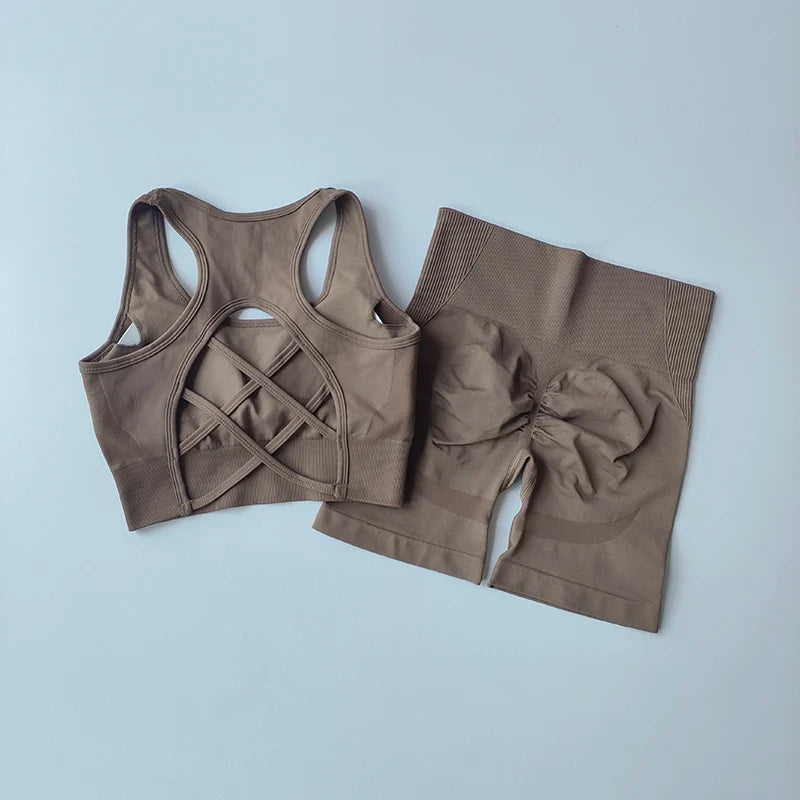Ensemble de Yoga sans couture pour femmes, 2 pièces, soutien-gorge de Sport Sexy, taille haute, short de Sport, Fitness, sans manches, costume d'entraînement, vêtements de Sport