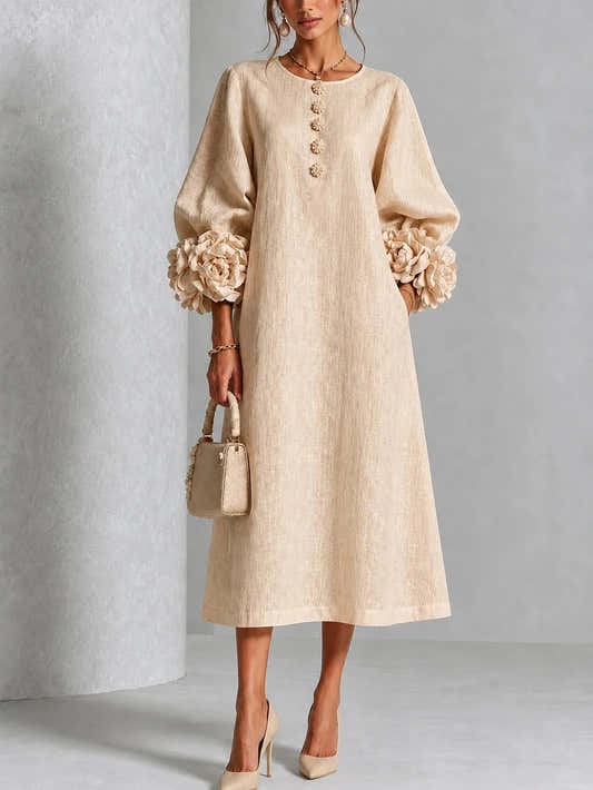 Robe midi élégante en lin pour femmes, col rond, manches lanternes à fleurs 3D, boutonnée, coupe ample et droite, robe longue modeste pour les occasions décontractées et les soirées.