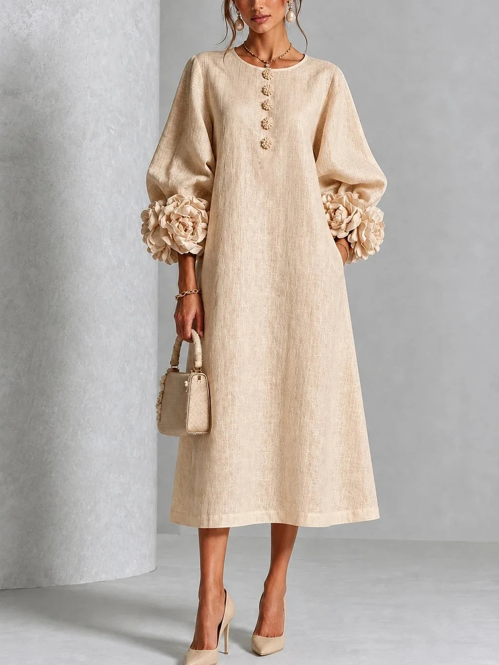 Robe midi élégante en lin pour femmes, col rond, manches lanternes à fleurs 3D, boutonnée, coupe ample et droite, robe longue modeste pour les occasions décontractées et les soirées.