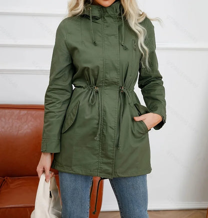 Parka à capuche femme, taille à cordon, poches et tissu coupe-vent
