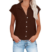 Chemisier femme marron en coton lin, col chemise, manches courtes, patte boutonnée.