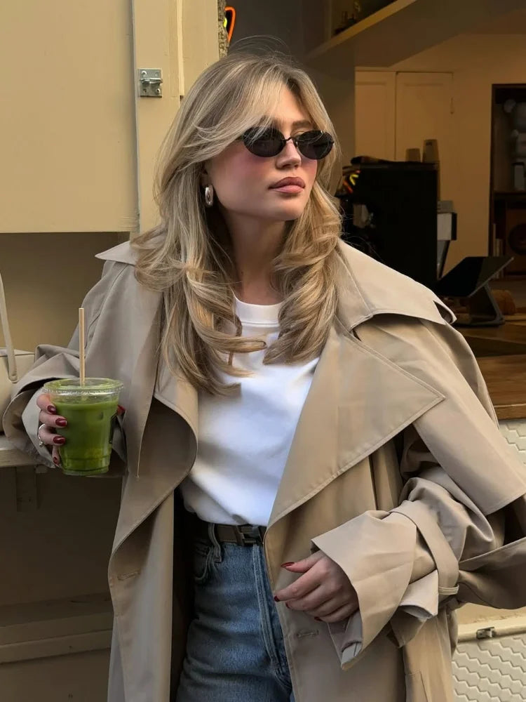 Trench long femme à simple boutonnage, coupe ample et taille haute
