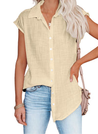 Chemisier femme beige en coton lin, col chemise, manches courtes, patte boutonnée.