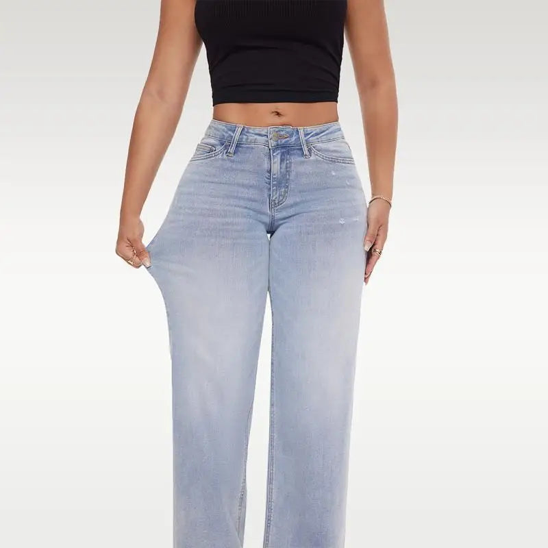 Jean taille haute à jambe large pour femme, en denim extensible, effet push-up et coupe sculptante, pour usage quotidien décontracté, tailles XS-2XL, livraison directe