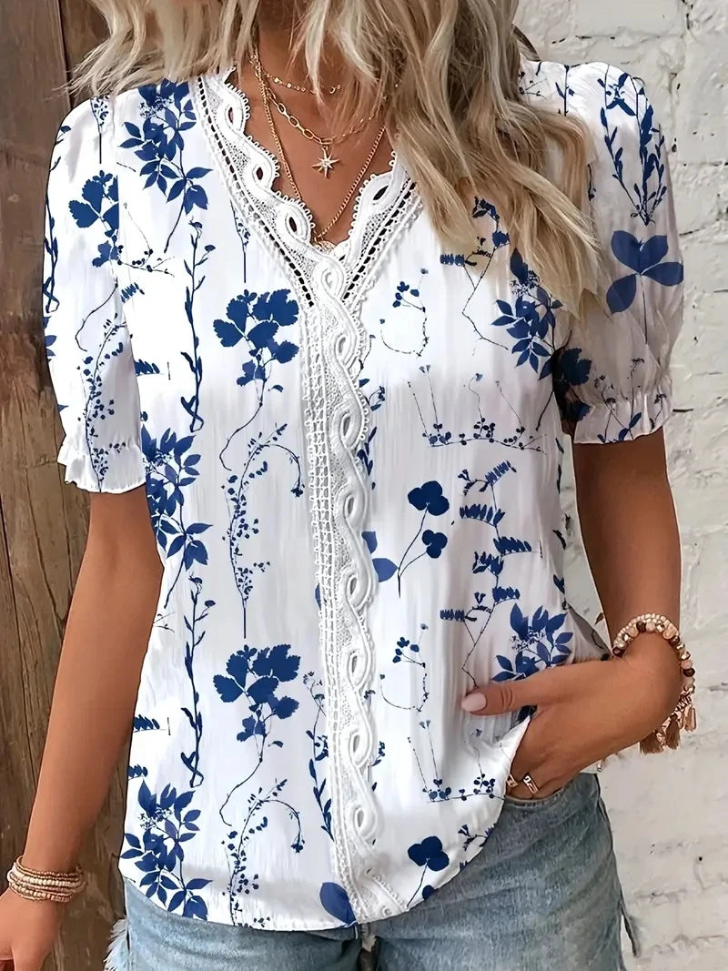 Chemise Fleurie Femme Col V Dentelle Ajouré – Haut Boho Chic Été
