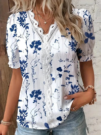 Chemise Fleurie Femme Col V Dentelle Ajouré – Haut Boho Chic Été