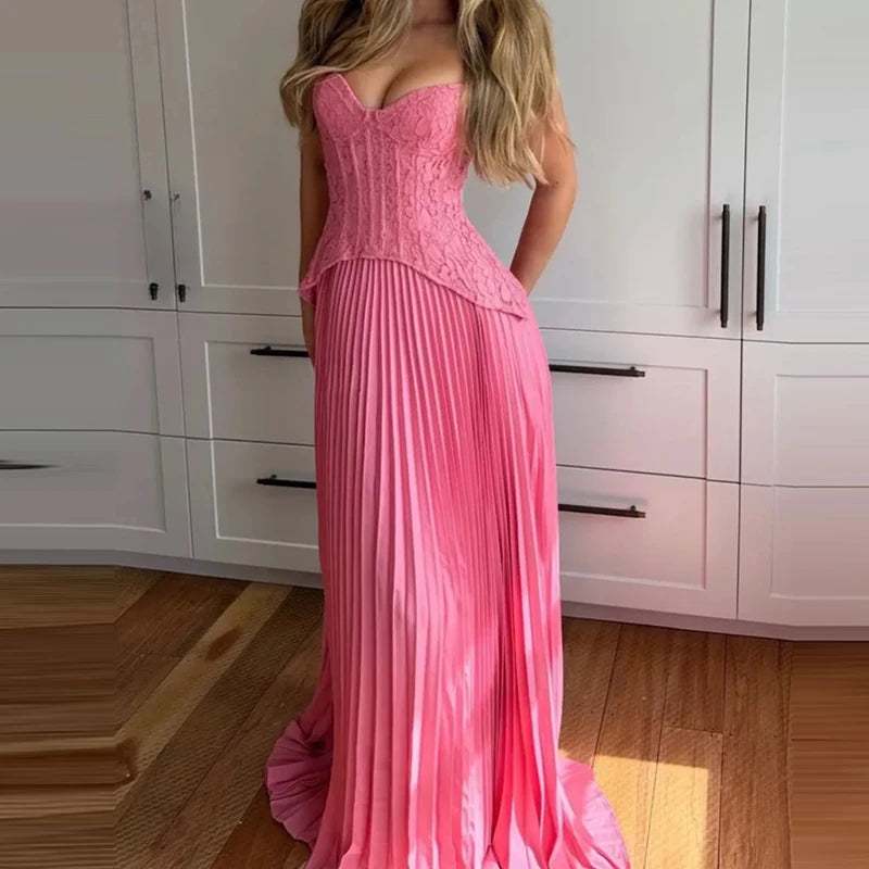 Robe longue femme plissée en dentelle