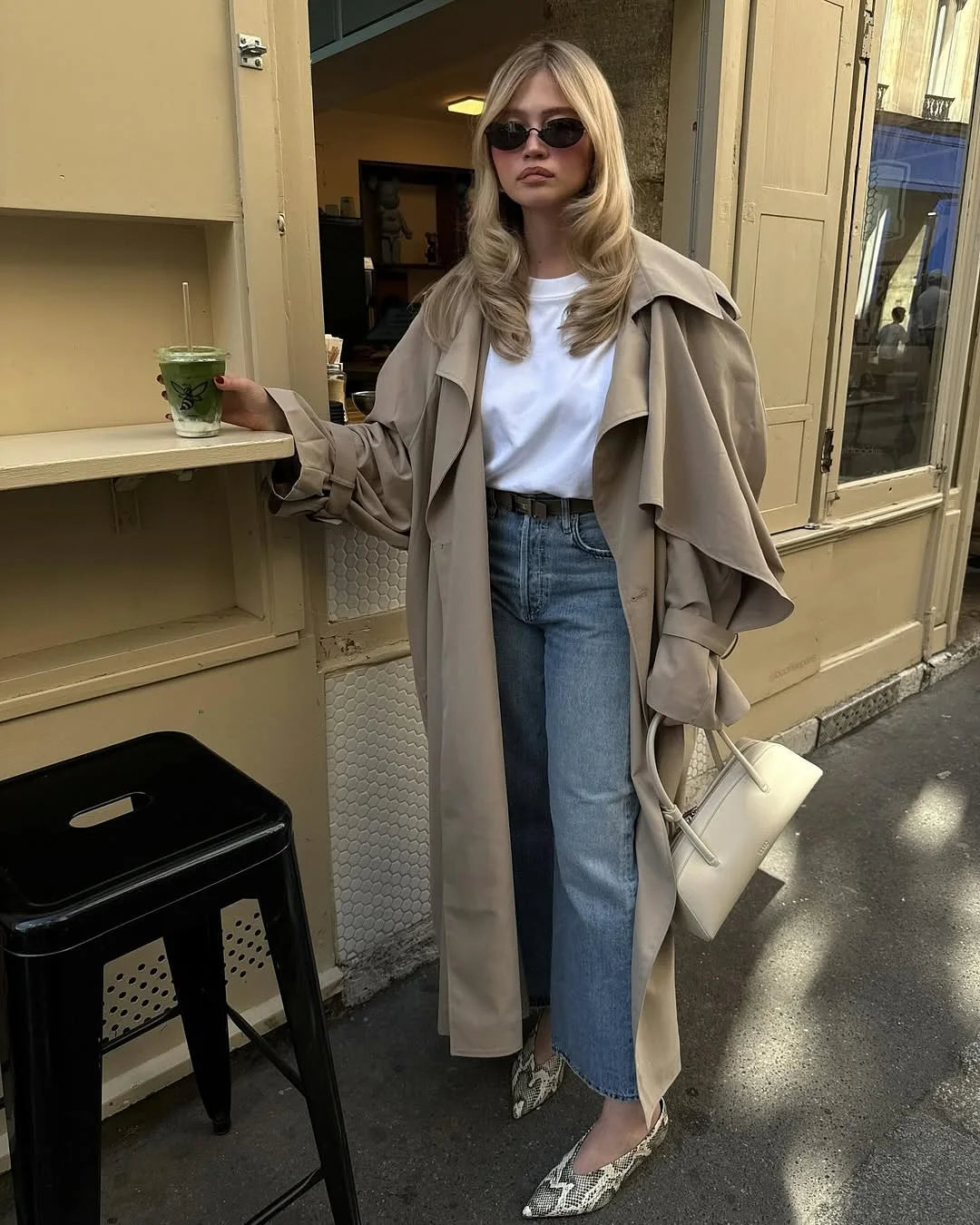 Trench long femme à simple boutonnage, coupe ample et taille haute