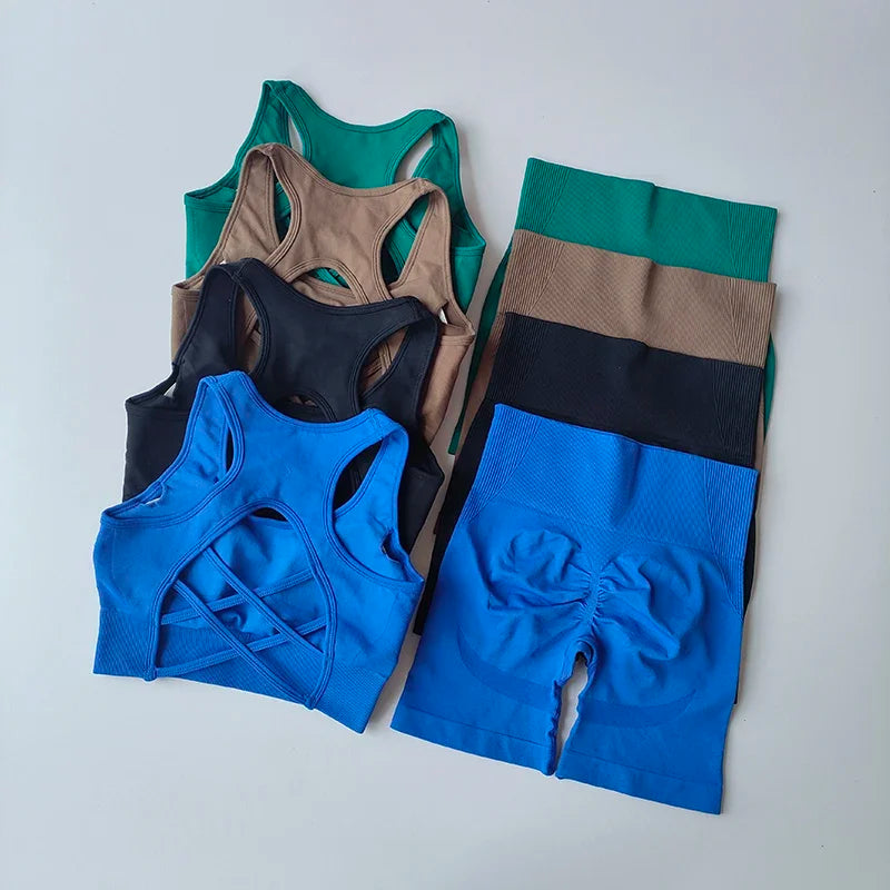 Ensemble de Yoga sans couture pour femmes, 2 pièces, soutien-gorge de Sport Sexy, taille haute, short de Sport, Fitness, sans manches, costume d'entraînement, vêtements de Sport