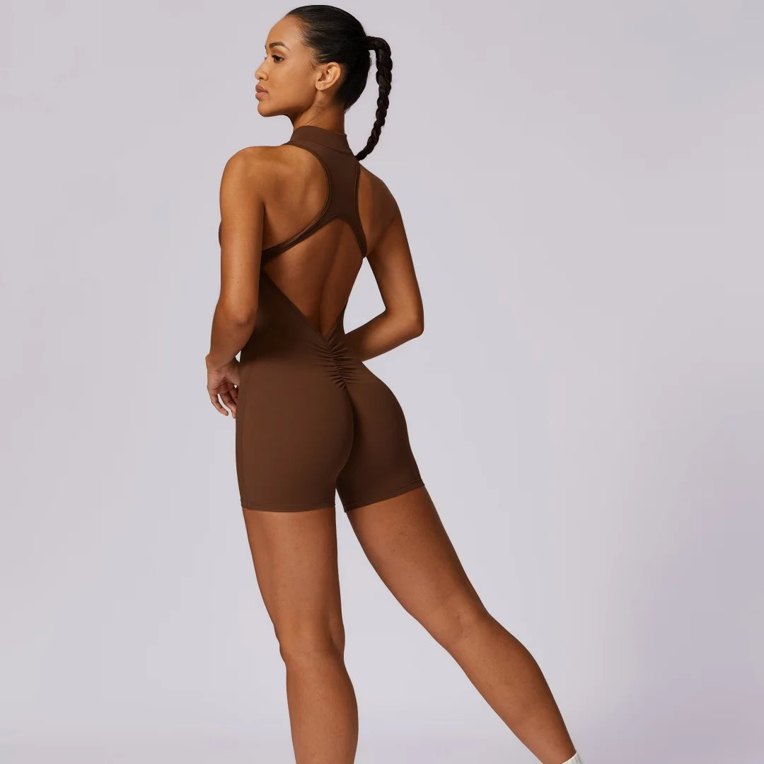 Couleur unie dos nu dos taille Scrunch Yoga combinaison ensemble court femmes fermeture éclair vêtements de sport Fitness une pièce sport costume entraînement