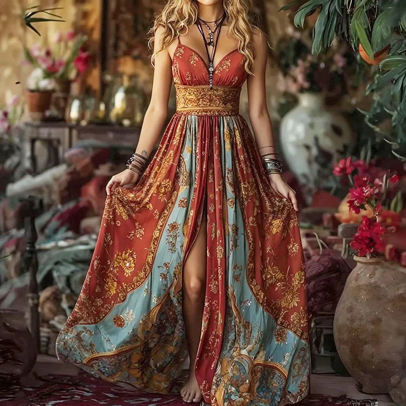 Robe maxi florale rouge et turquoise, bretelles fines, fente haute