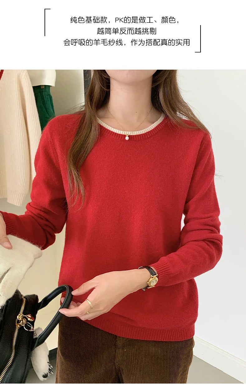Pull en laine femme col rond, motif patchwork bicolore