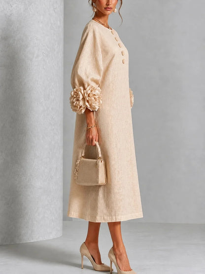 Robe midi élégante en lin pour femmes, col rond, manches lanternes à fleurs 3D, boutonnée, coupe ample et droite, robe longue modeste pour les occasions décontractées et les soirées.