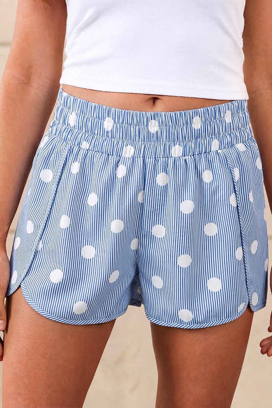 Short taille haute bleu clair à rayures et pois blancs, taille élastique, volants aux côtés