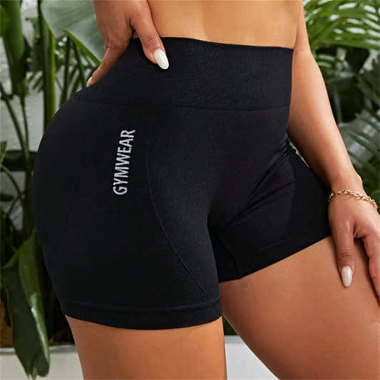 Short de sport taille haute en noir, coupe serrée, logo GIVNWEAR sur la jambe.