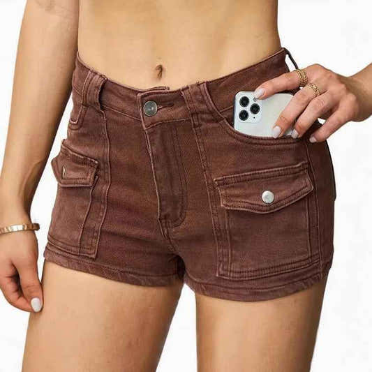 Shorts en denim marron pour femme, poches cargo sur les côtés