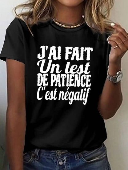 T-shirt noir femme à col rond, imprimé texte humoristique blanc, coupe décontractée