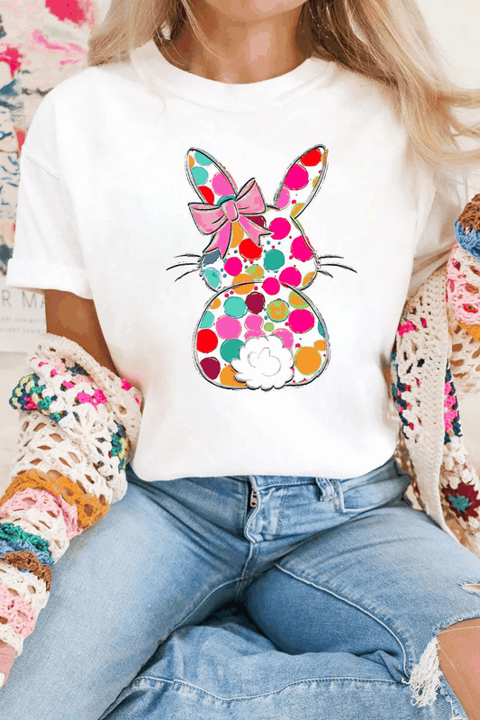 T-shirt femme blanc avec motif lapin de Pâques coloré imprimé et nuage