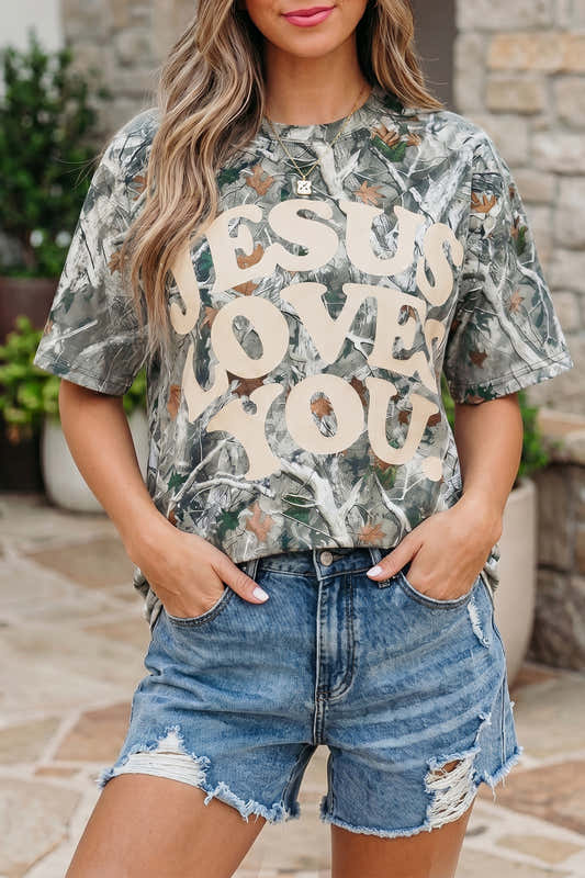 T-shirt femme gris à imprimé « LOVE LIKE JESUS », manches courtes