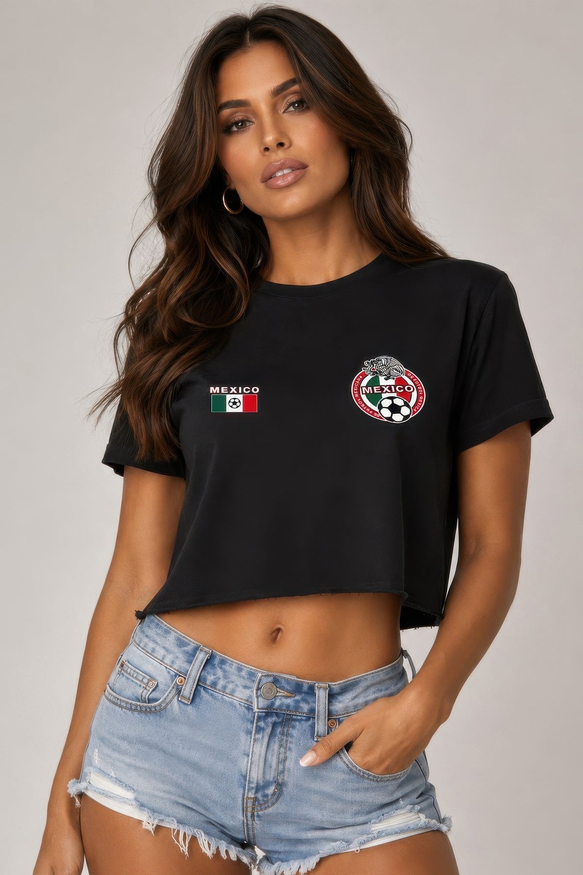 T-shirt femme noir court, col rond, manches courtes, imprimé logos Mexico