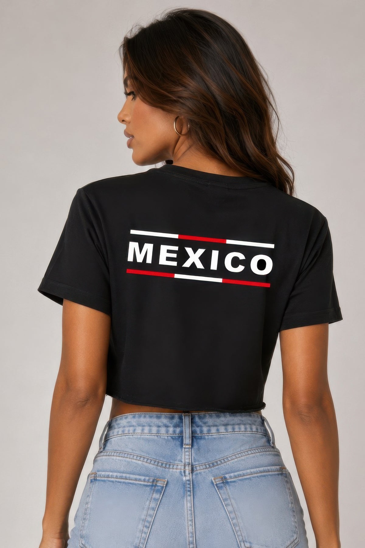 T-shirt femme noir court, dos imprimé « MEXICO » avec trait rouge et blanc