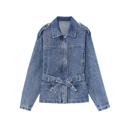 Veste en jean bleue pour femme, col chemise, fermeture boutonnée, ceinture nouée