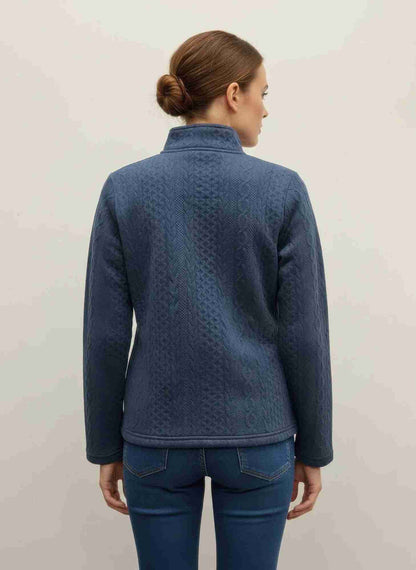 Veste zippée à col montant bleue marine, vue arrière, coutures et ourlet