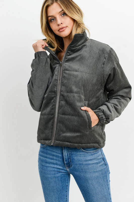 Veste matelassée manches longues gris foncé, zip et poches