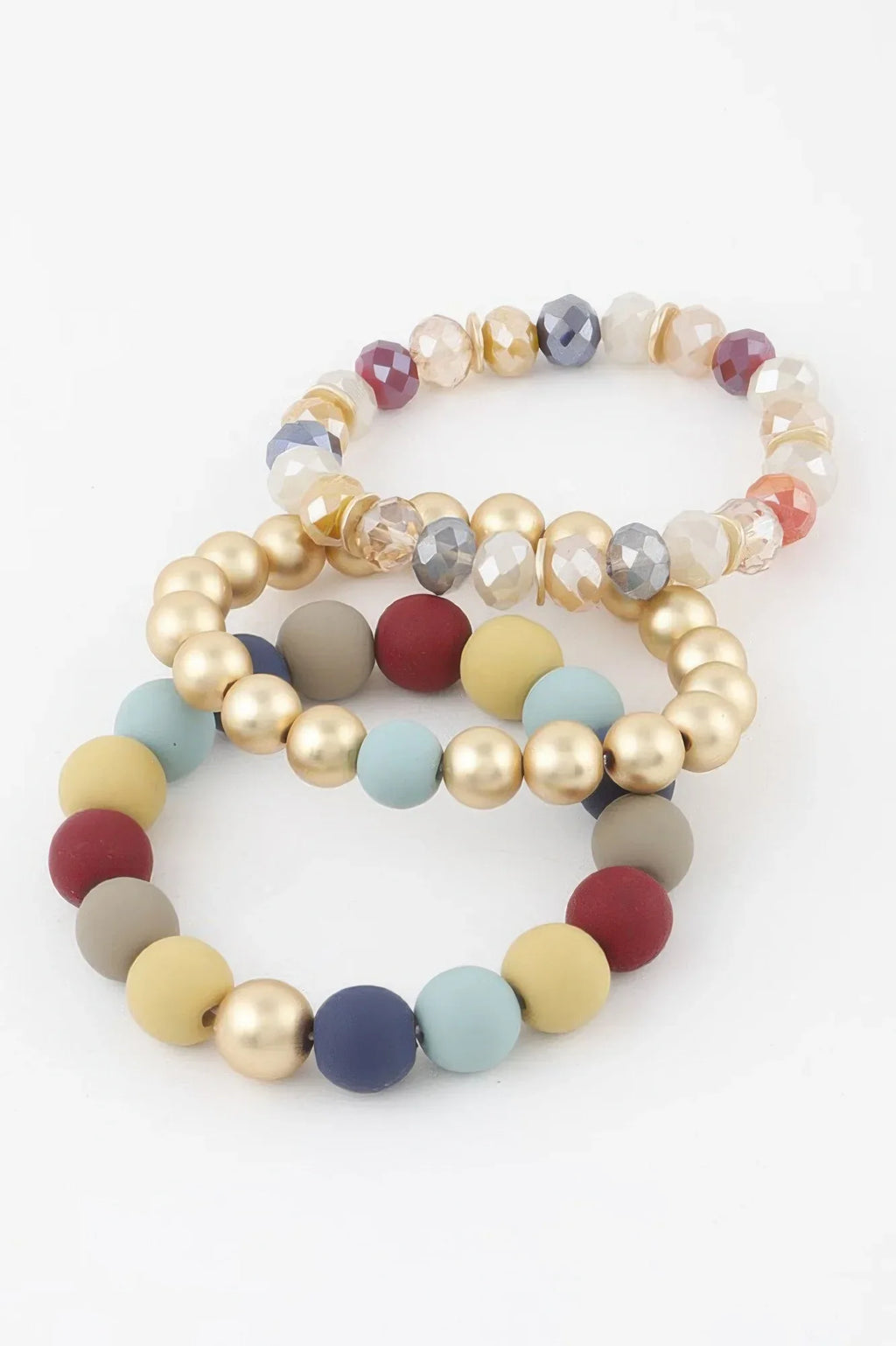 Bracelet perles dorées et cristaux, billes jaune/beige, bleu clair et bordeaux