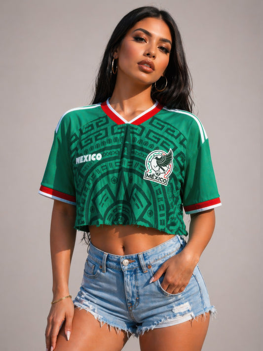 Crop top sport vert à motif Mexico, col V bord blanc-rouge et logo poitrine.