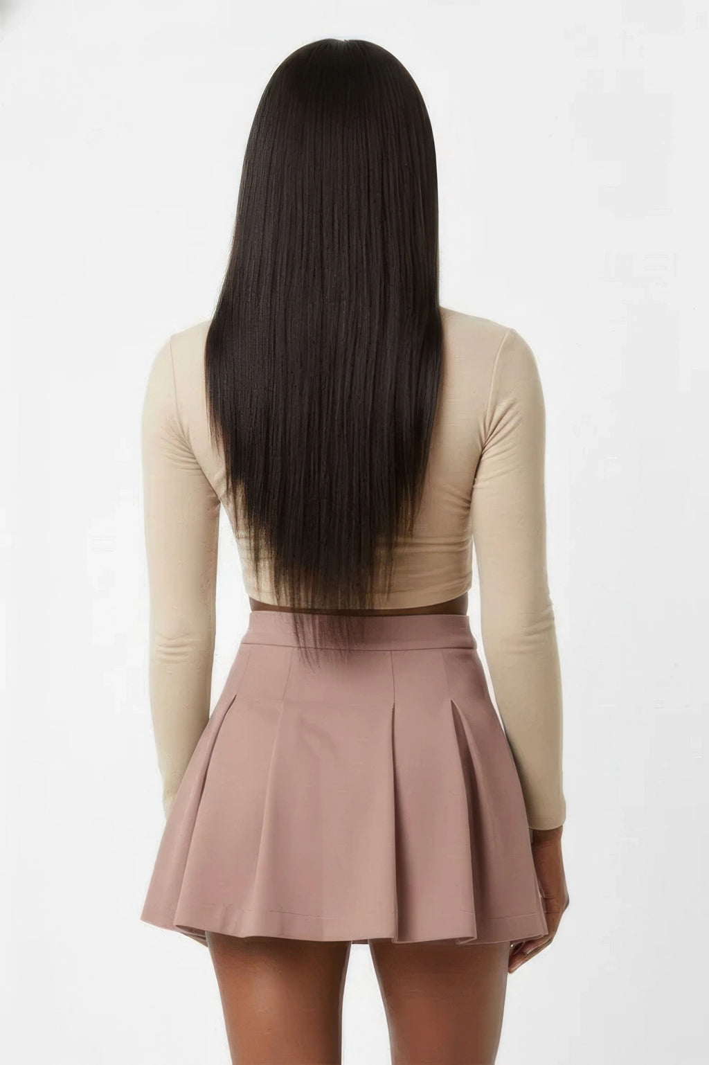Jupe plissée taille haute vieux rose, vue arrière, plis réguliers et évasement.