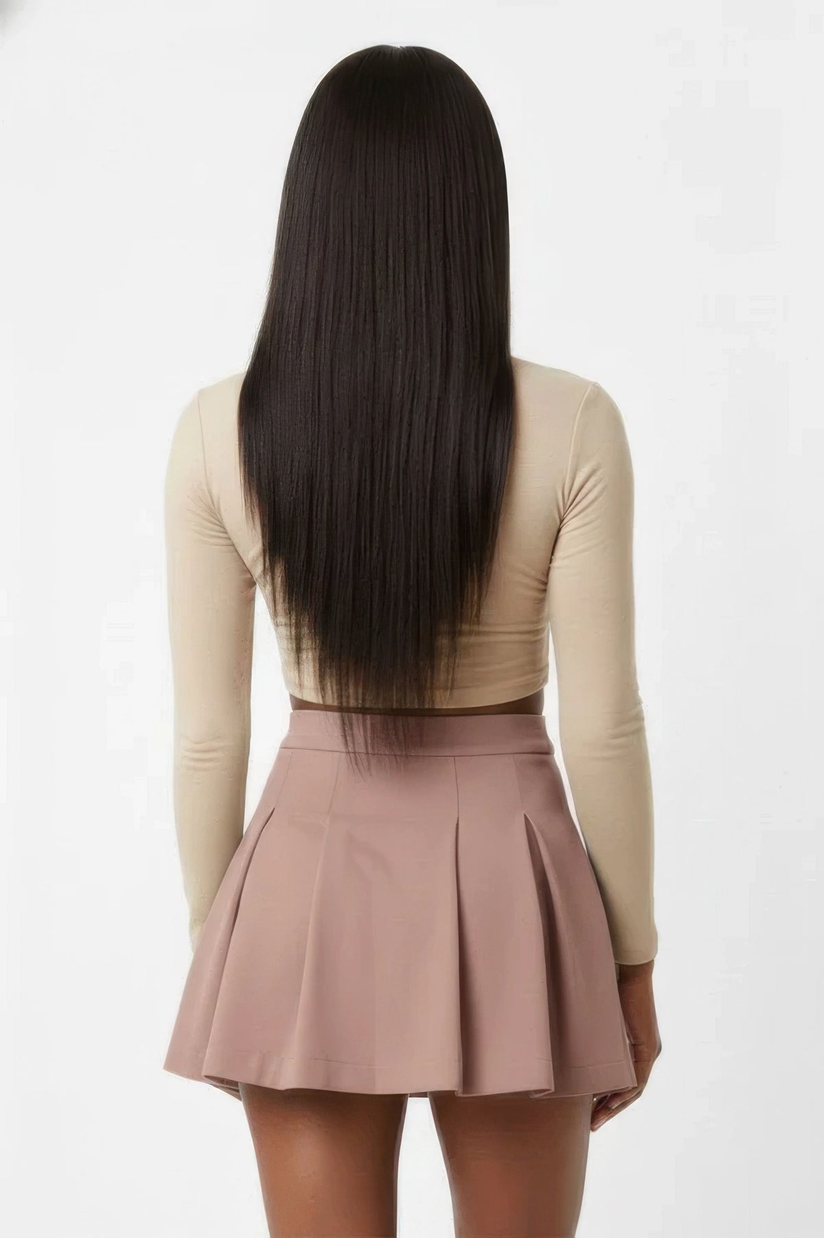 Jupe plissée taille haute vieux rose, vue arrière, plis réguliers et évasement.