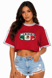 T-shirt court femme rouge, col contrasté, imprimé Mexique au centre