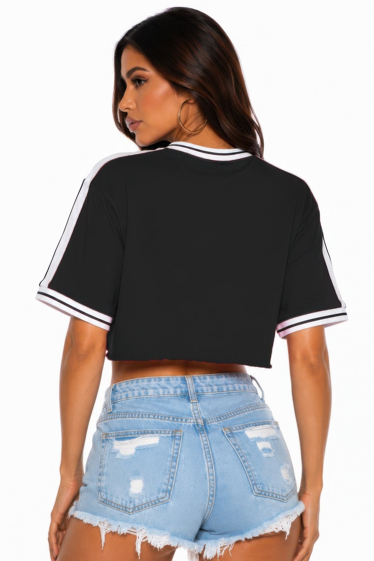 T-shirt court femme noir, dos, manches courtes, col rayé contrasté