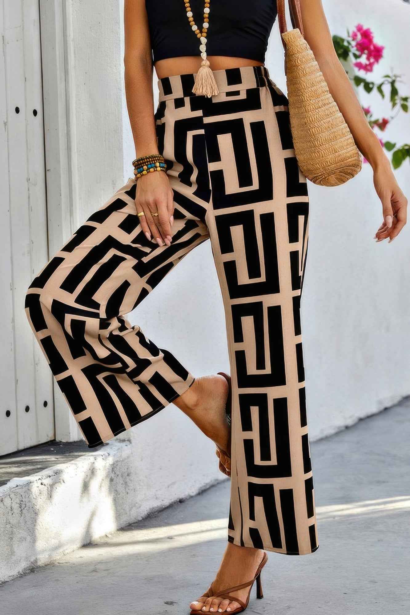 Pantalon large color block géométrique femme – Coupe A-Line, marron