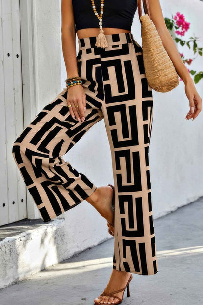 Pantalon large color block géométrique femme – Coupe A-Line, marron