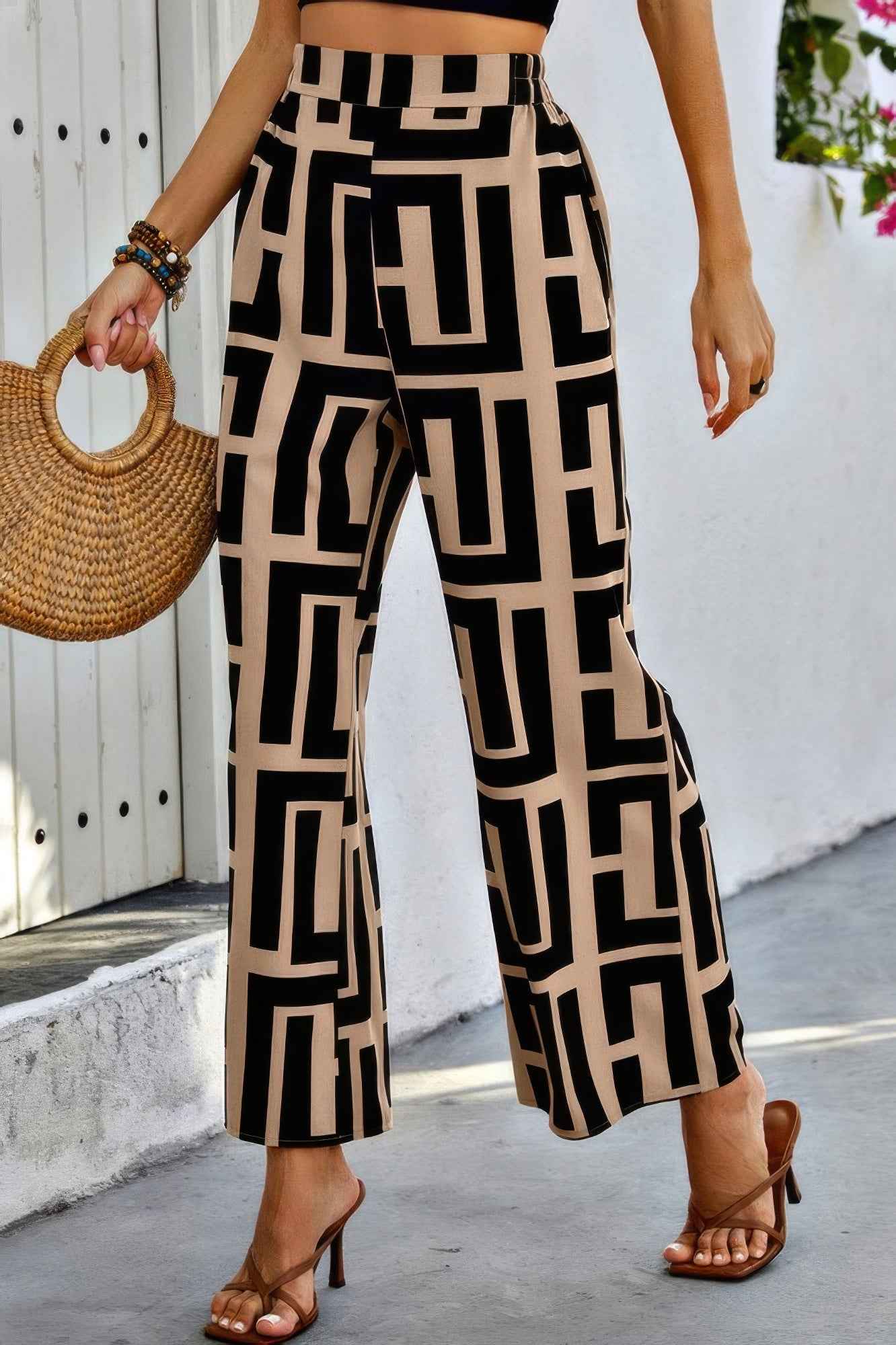 Pantalon large color block géométrique femme – Coupe A-Line, marron