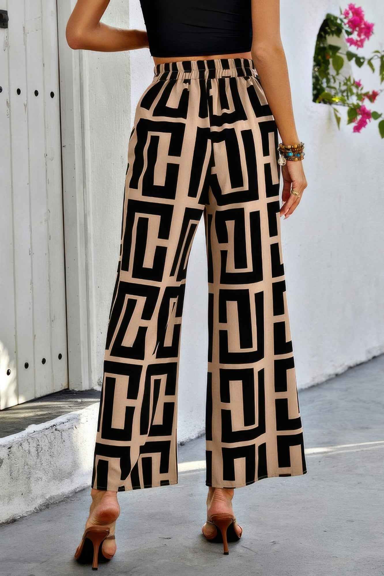 Pantalon large color block géométrique femme – Coupe A-Line, marron