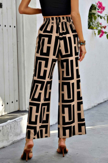 Pantalon large color block géométrique femme – Coupe A-Line, marron