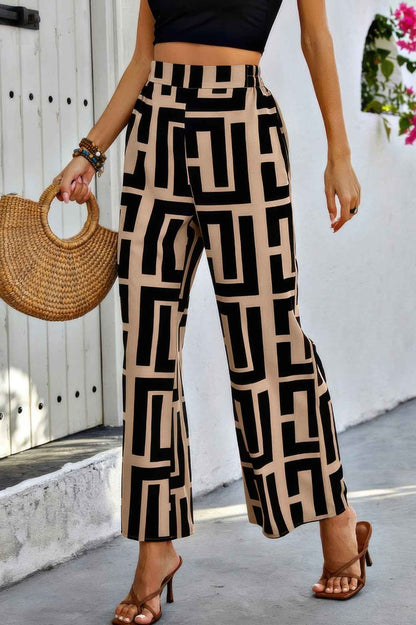Pantalon large color block géométrique femme – Coupe A-Line, marron