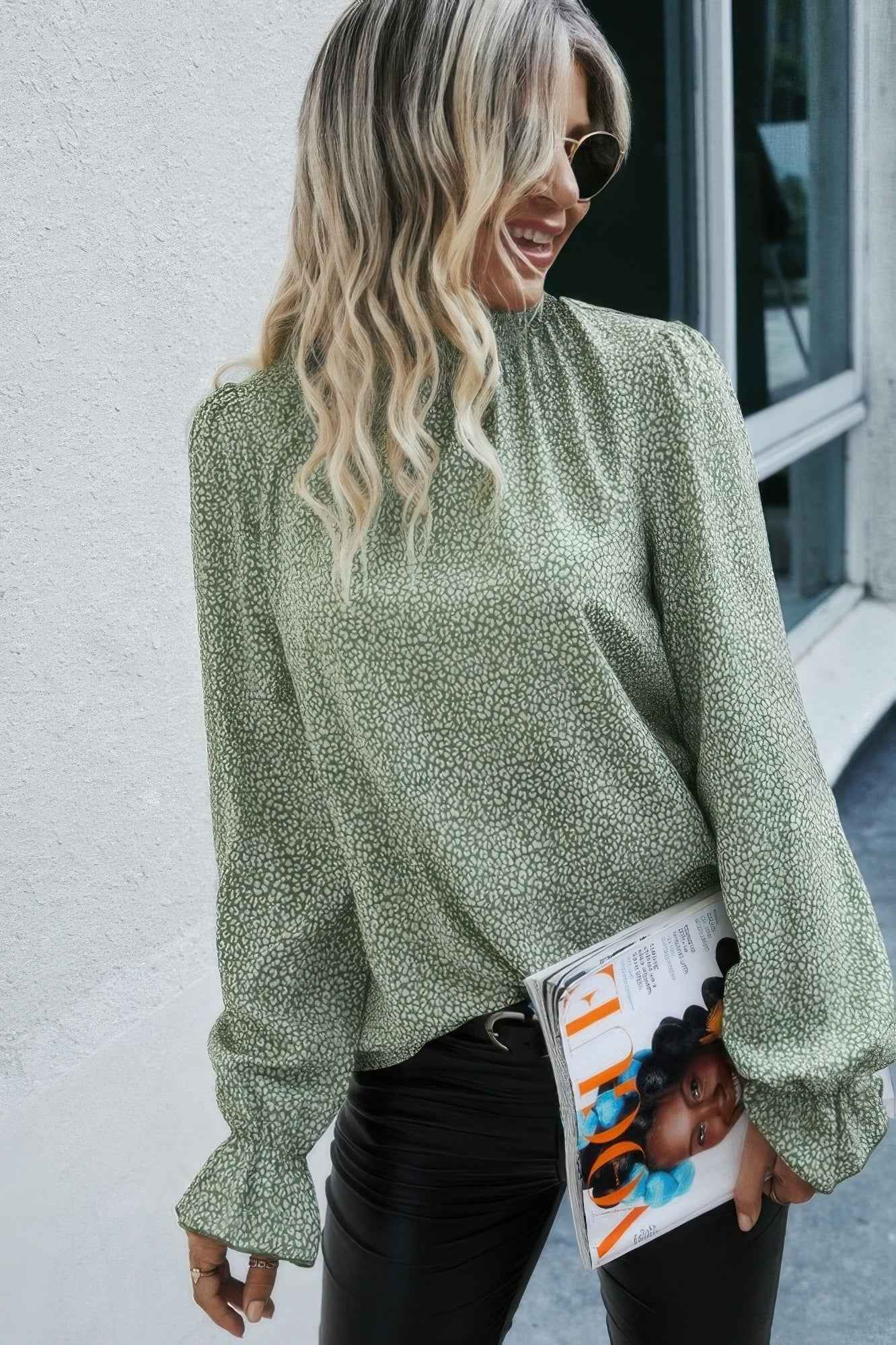Allover Ruffle Shirred Neck Flounce Sleeve Blouse